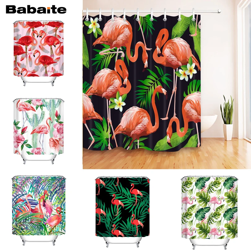 

Babaite Tropical Pink Flamingo Shower Curtain Eco-friendly Waterproof Polyester Fabric Bathroom Leaves Rideaux