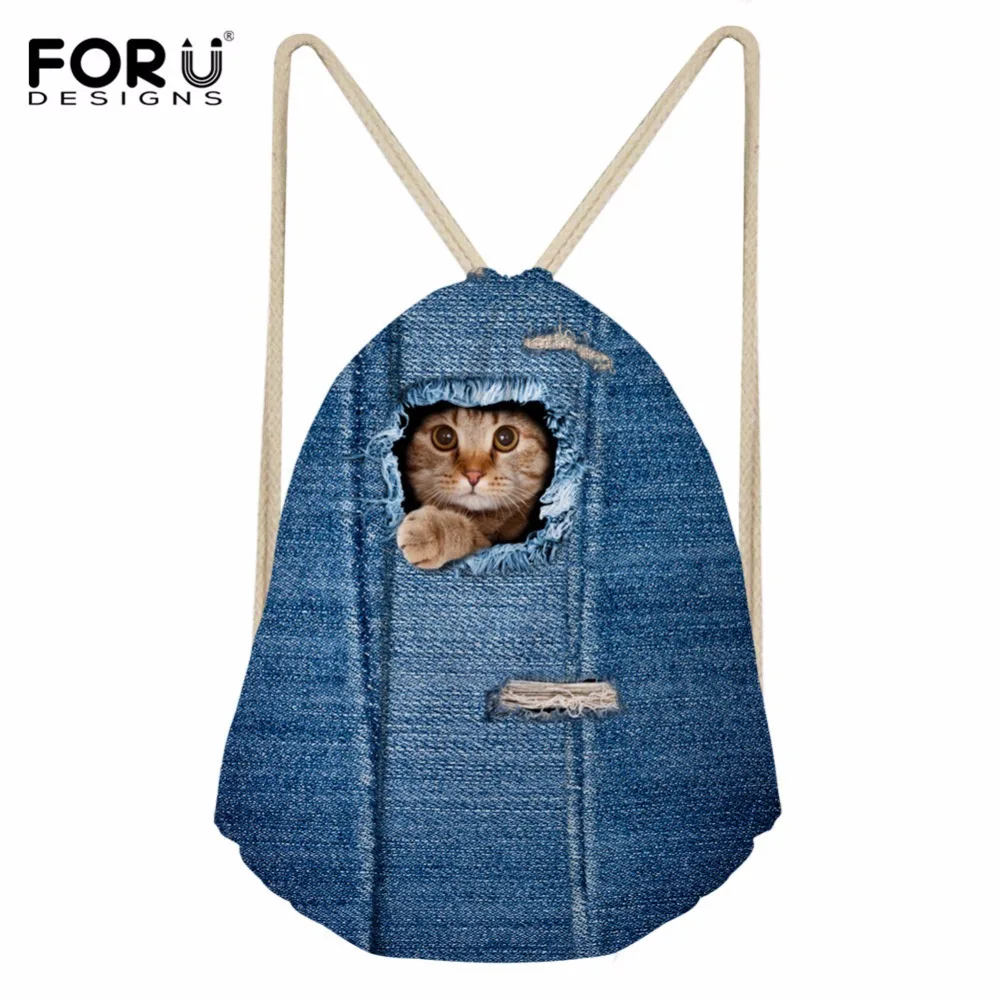 Forudesigns drawstring сумка небольшой Для женщин Denim Cat печати упаковки Сумки модная одежда для девочек путешествия Вышивка Крестом Пакет для детей