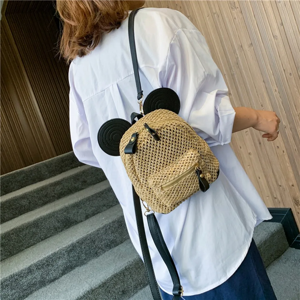 Соломенный рюкзак с Микки Маусом для женщин, лоскутный тканый однотонный школьный рюкзак для девочек на плечо, повседневные дорожные сумки для покупок