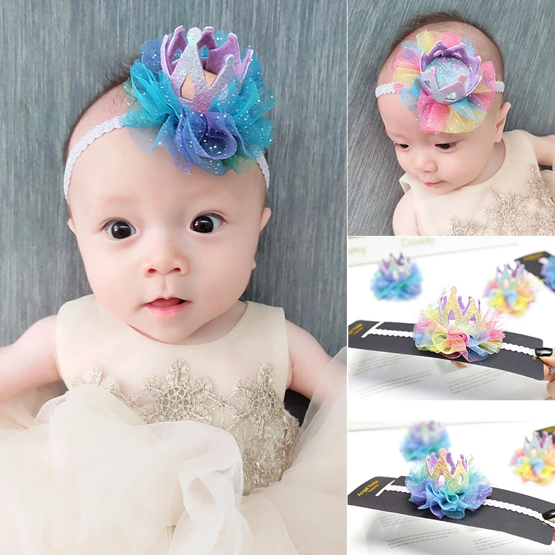 

Boutique ins 10pcs Fashion Cute Glitter 3D Tiaras Headbands Gradient Gauze Floral Crown Soft Hairbands Princess Party Headwear