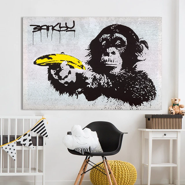 Canvas Art Banksy Graffiti Painting Chimpanzee Holding A Banana Wall Canvas Art Banksy Graffiti Painting Chimpanzee Holding A Banana Wall Pictures For Living Room Home Decor