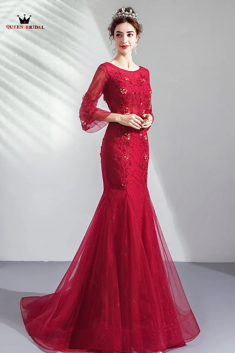 Цвет красного вина пикантные вечерние платья Memaid 3 4 рукава тюль с бусами цветы элегантное для вечеринки, для выпускного платья JK46