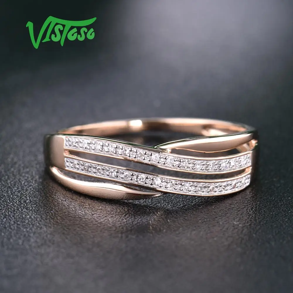 VISTOSO 14K 585 Rose Gold Rings For Lady Diamond Engagement Anniversary Simple Style Fine Jewelry