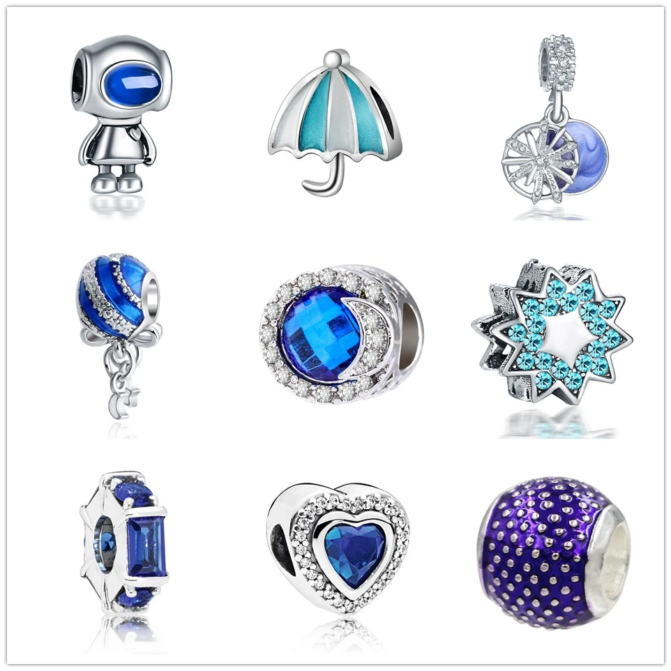 Новинка, браслет Pandora Charms, подвеска, брелок, ювелирные изделия для женщин, сердце, браслет с голубыми кристаллами, сделай сам, бусы