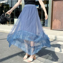 Новая женская летняя длинная юбка из тюля с высокой талией синяя шифоновая юбка Свободные повседневные Лоскутные кружевные сетчатые плиссированные женские юбки