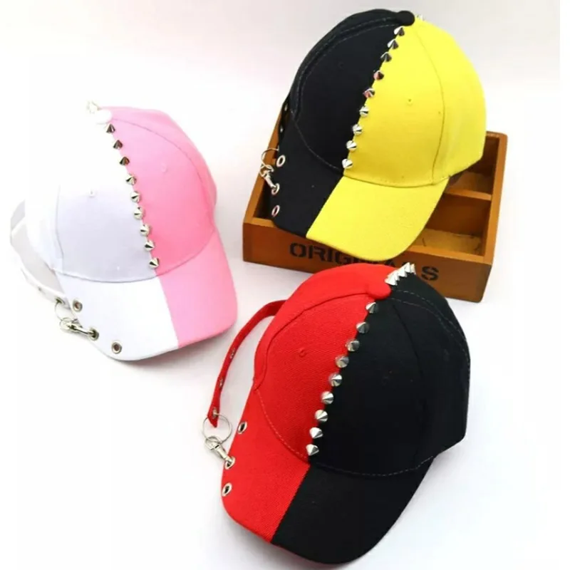 

MAERSHEI Colorblock Punk Studded Baseball Cap Kids Child Snapback Bone Hip Hop Hat Boy and Girl Black Long Belt Adjustable Curve