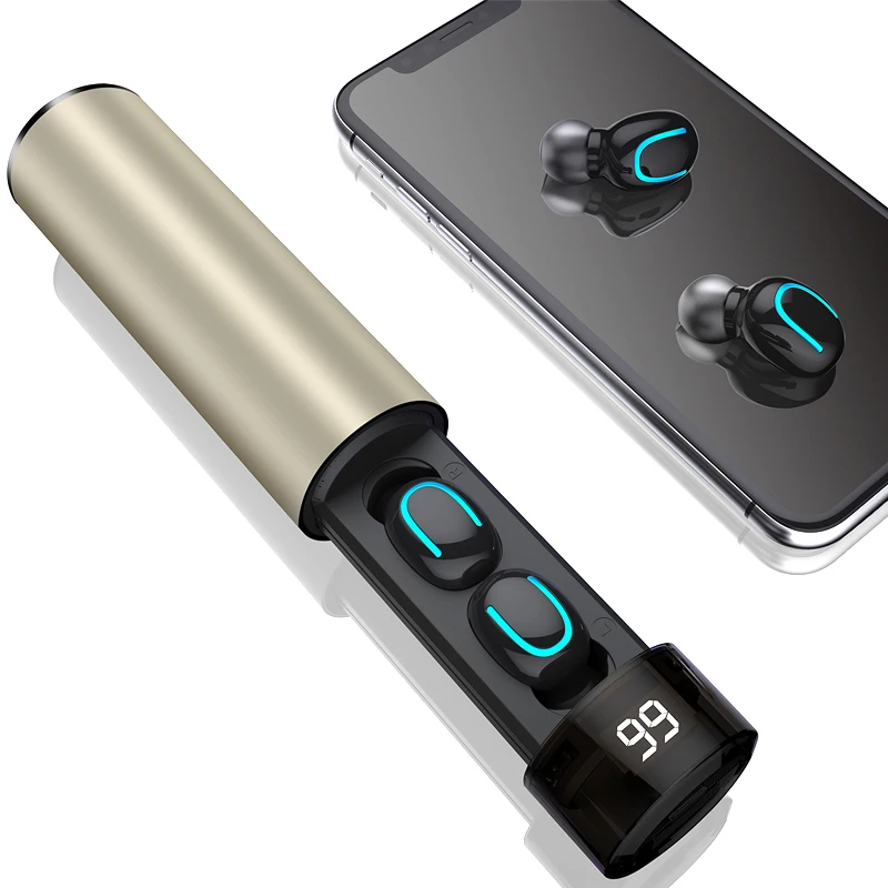 Pull style TWS беспроводные наушники 3D стерео портативные Bluetooth V5.0 водонепроницаемые наушники для смартфонов с Мощный светодиодный дисплей - Цвет: Золотой