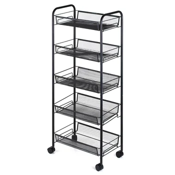

5-Tier Storage Rack Carbon Steel Mesh Wire Rolling Cart Storage Trolley Organizer Trolley For Kitchen Bedroom Bathroom Organizer