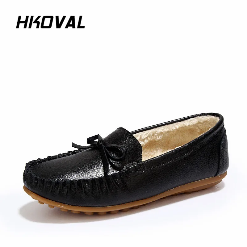 

HKOVAL Women Shoes Winter Loafers Genuine Leather Ladies Warm Plush Driving Boat Moccasins Casual Female Solid Flats Shoe
