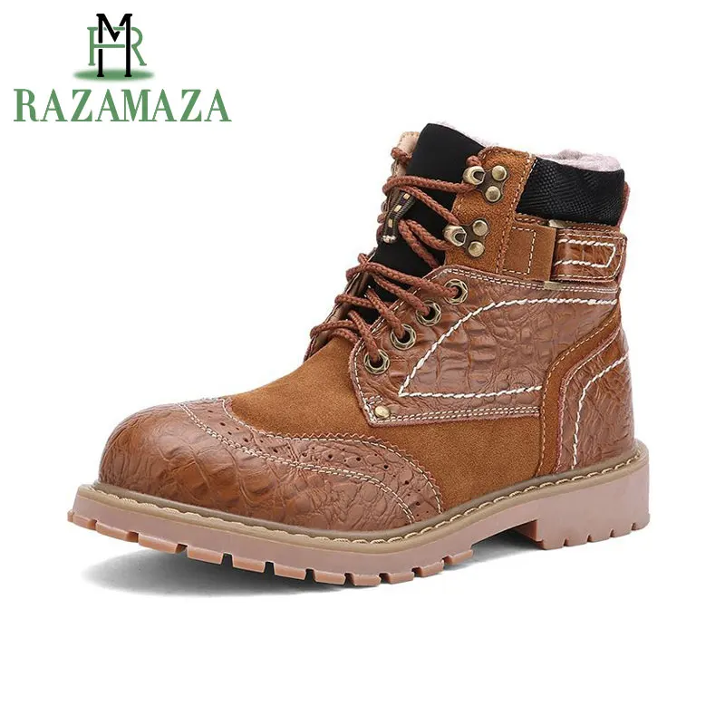 

RAZAMAZA Genuine Leather Men Winter Leather Boots Man Outdoor Waterproof Rubber Plush Snow Boots Leisure Martin Boots Size 38-44