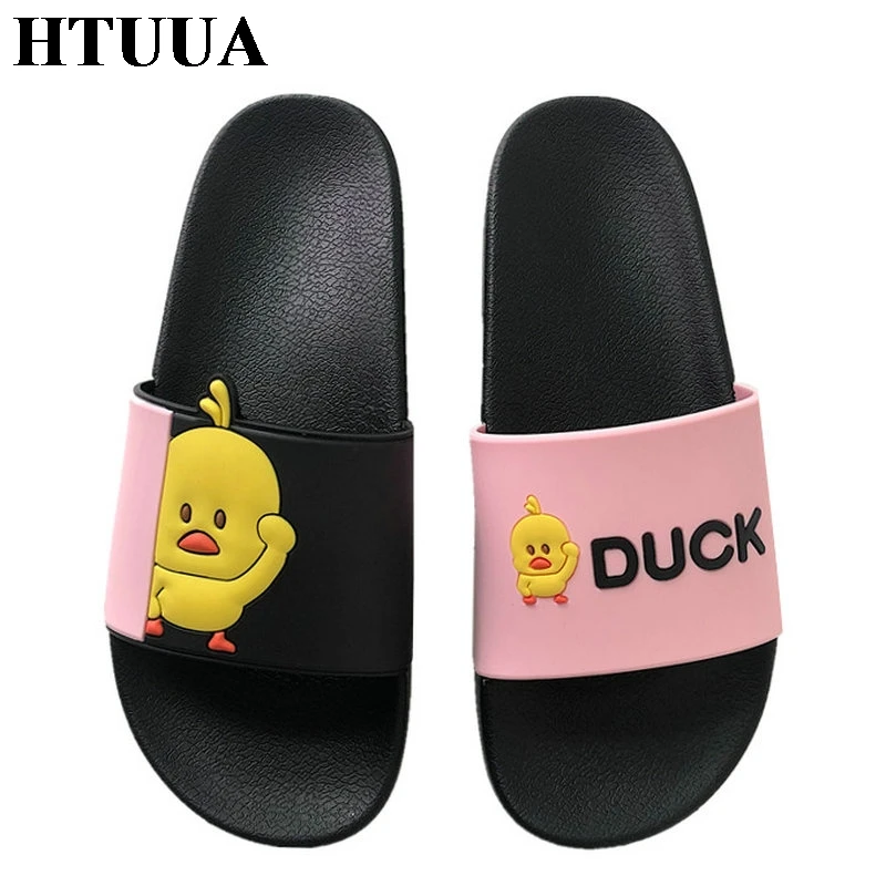 

HTUUA Cute Cartoon Duck Slippers Women Summer Slides Flat Sandals Home Bathroom Outside Beach Flip Flops Ladies Shoes SX2069