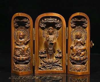 

Chinese Boxwood Wood GuanYin Manjushri Samantabhadra 3 Goddess Buddha Statue Box
