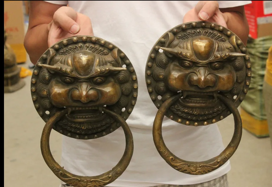 

wan671009+++10" FengShui Chinese Bronze Lucky Bat Fu Lion Head Statue Door Ring Knocker Pair