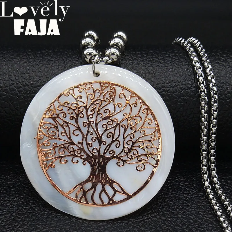 

2019 Tree of Life Stainless Steel Shell Necklaces for Women Rosd Color Big Long Statement Necklace Jewelry cadenas mujer N19207