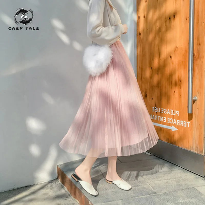 

2019 Korean version of the spring and summer new mesh skirt female fairy sequins pleated long section high waist a word skirt