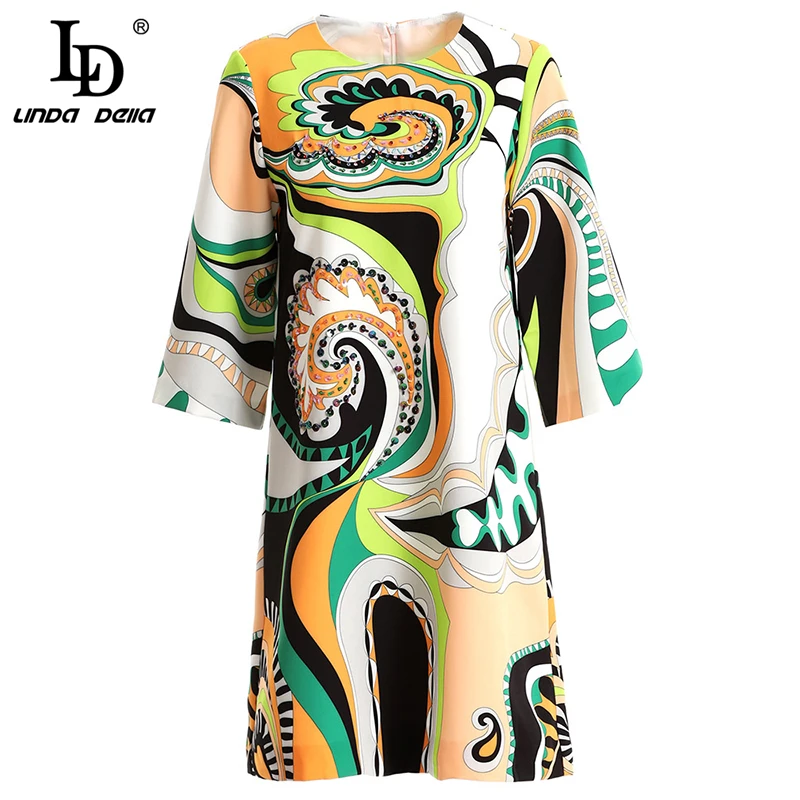 

LD LINDA DELLA New Spring Summer Fashion Vintage Dress Women's Beading Sequined Geometric Printed Elegant Vacation Mini Dresses