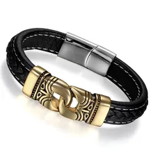 Boniskiss мужской браслет из кожаной веревки, браслеты из золотой нержавеющей стали, винтажный браслет в стиле рок, мужские трендовые ювелирные изделия