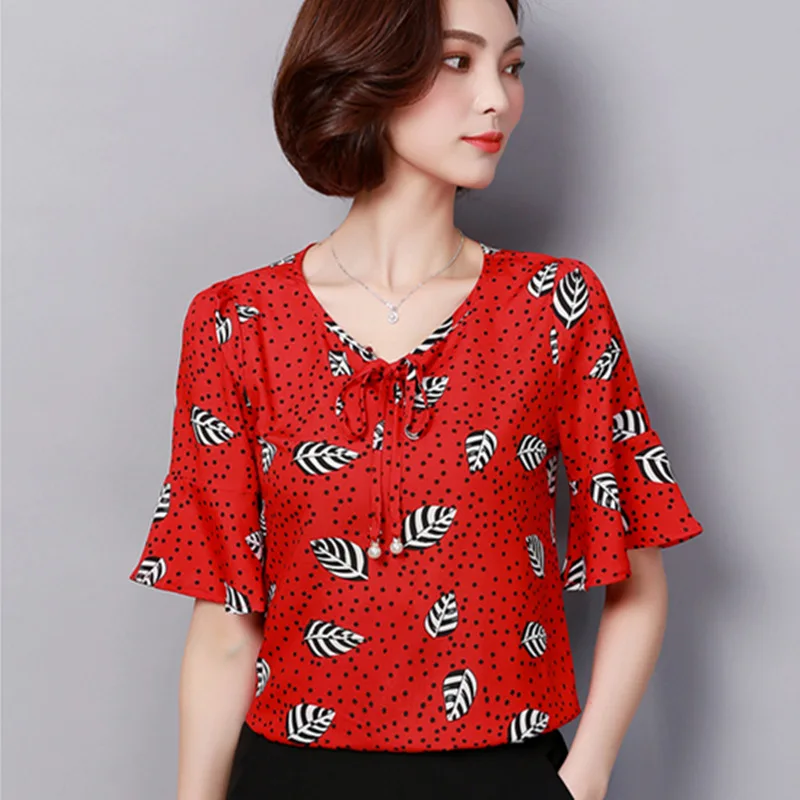 Fashion Print Chiffon Blouse Women Blouses 2018 Ruffle Short Sleeved Blusas Work Shirts Elegant