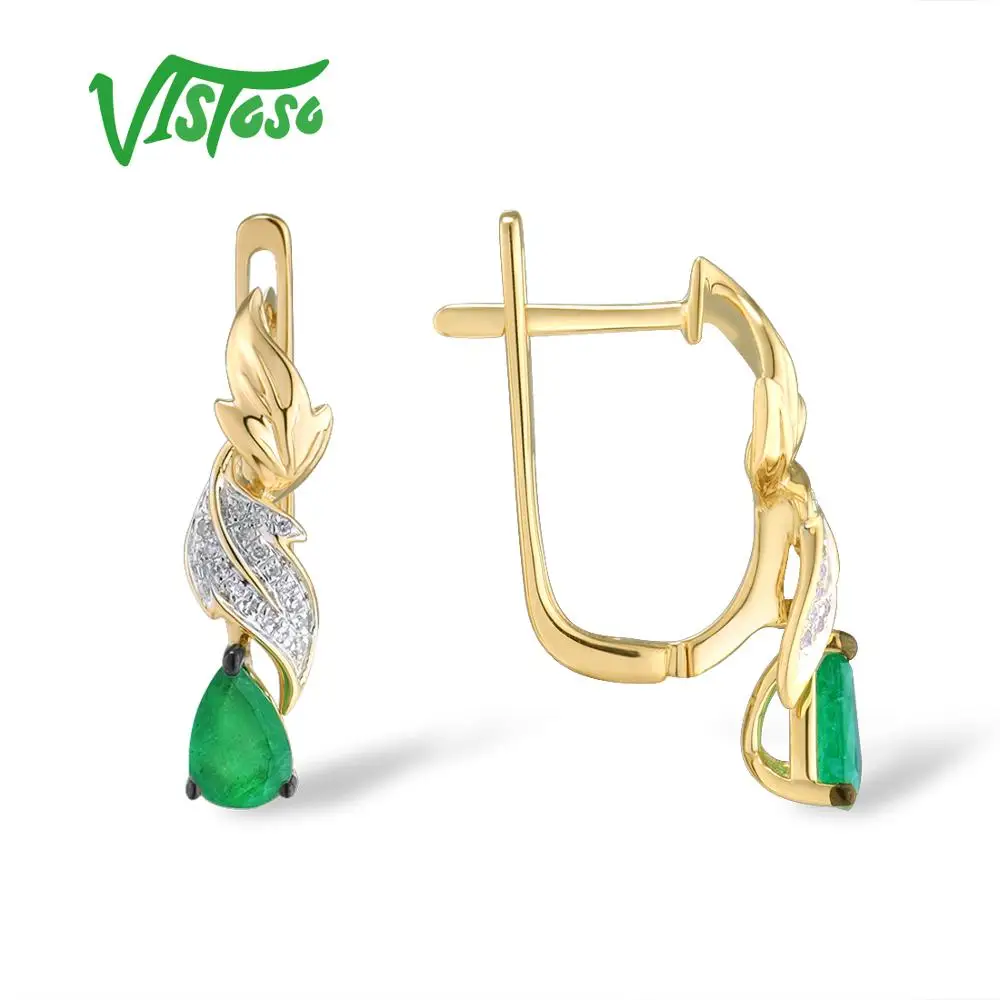 Женские серьги VISTOSO Pure 14K 585 желтое золото гламурные изумрудные сверкающие