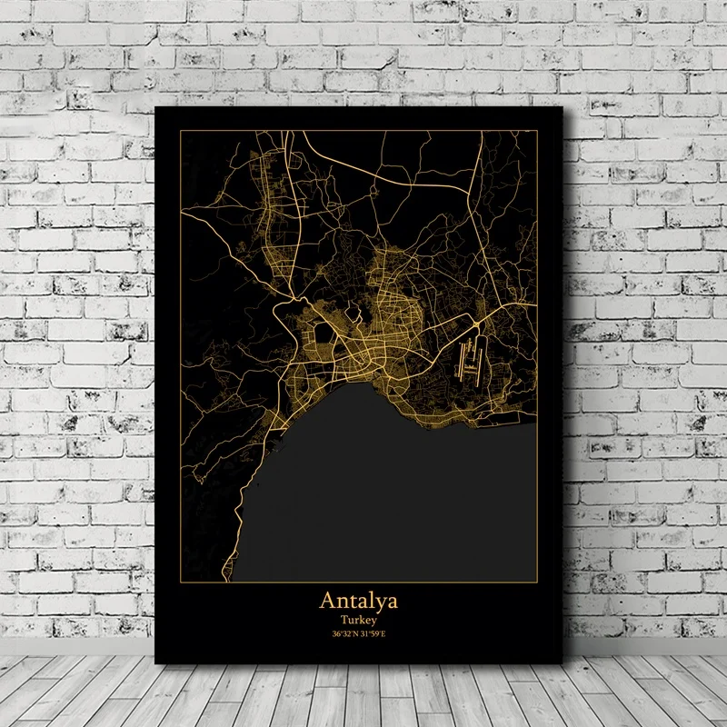 

Black and Gold Antalya Istanbul Mersin Turkey City Map Poster Nordic Style Canvas Print Home Decor No Frame