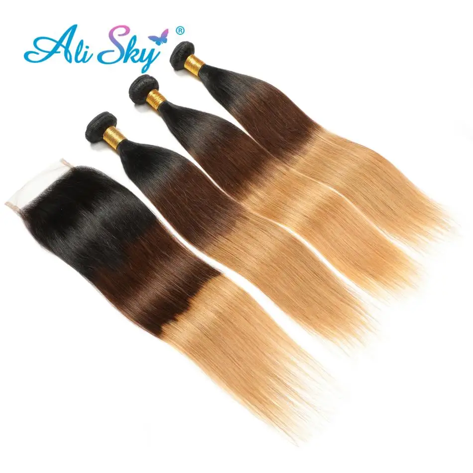 Ali Sky Hair Ombre 3 пряди чка с застежкой 12 28 1B/4/27 бразильские прямые пучки свободная