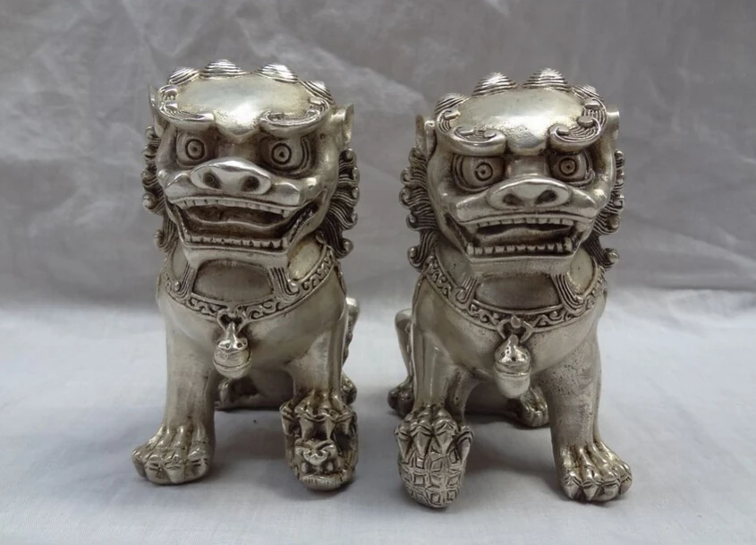 

S2555 Chinese Silver FengShui Foo Fu Dog Animals Bronze Door Lion Ball Statue Pair D0317