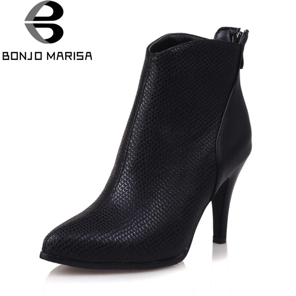 

BONJOMARISA Large Size 33-43 Brand Black Ankle Booties Women Autumn Winter 2019 Fretwork Patchwork High Heels Shoes Woman 9 Cm