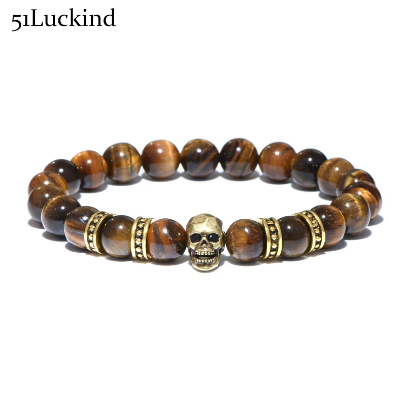 

High Quality Tiger Eyes Stone Antique Bronze Bracelet Punk Skull Braclets For Men Women Biker Hand Jewelry Caveira Homme
