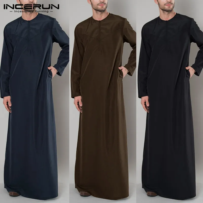 INCERUN Арабский исламский кафтан для мужчин на молнии с длинными рукавами цветные халаты мусульманская одежда abaya Саудовская Аравия мужская Тауб платье Caftan 5XL