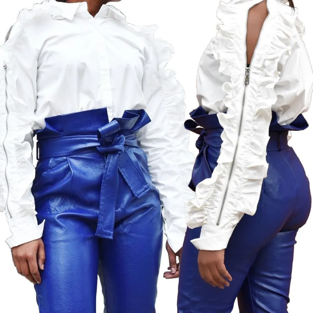 

new winter spring women ruffles side petal long sleeve zip open turn-down neck white blouses shirts streetwear coat tops B9139