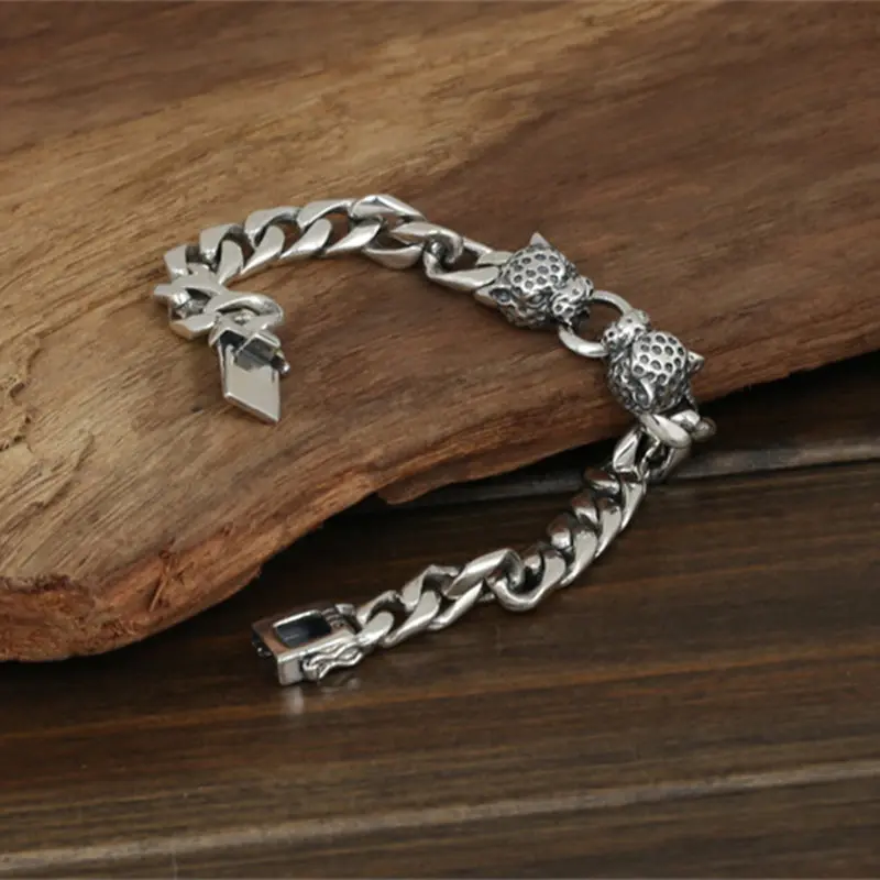 

Double Leopard Head Chunky Link Chain Bracelet Men 53g 100% Pure Solid Sterling Silver 925 Cool Thai Silver Mens Jewelry Gifts