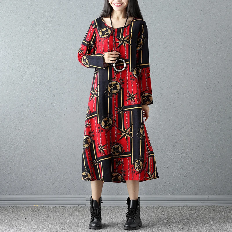 Spring Cotton Linen Print Women dress Ladies Long sleeve Casual Autumn Dresses vestidos vintage Plus size Women clothing SS257