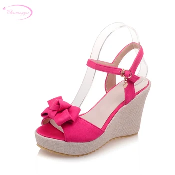 

Chainingyee sweet party comfortable nubuck summer sandal fashion bowknot belt buckle platform high heel wedge women's shoes