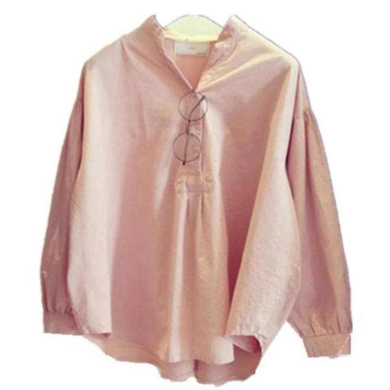 Autumn Solid V-neck Women Blusas Fashion Korean Brief Blouse Lantern Sleeve Casual Loose Asymmetrical Shirts New