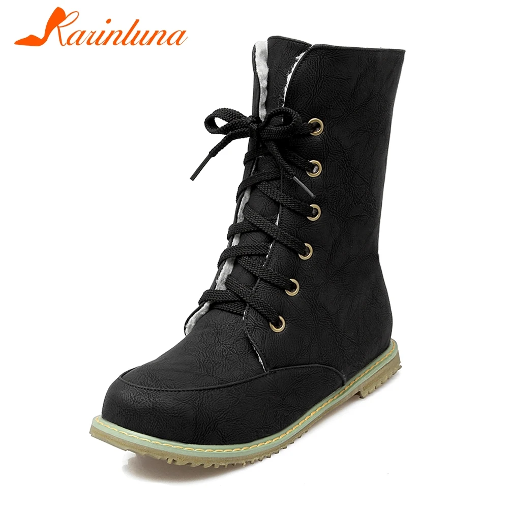 

KARINLUNA Brand New Solid Flat With 4 Colors Lace Up Round Toe Shoes Woman Casual Autumn Winter Ankle Boots Big Size 30-52
