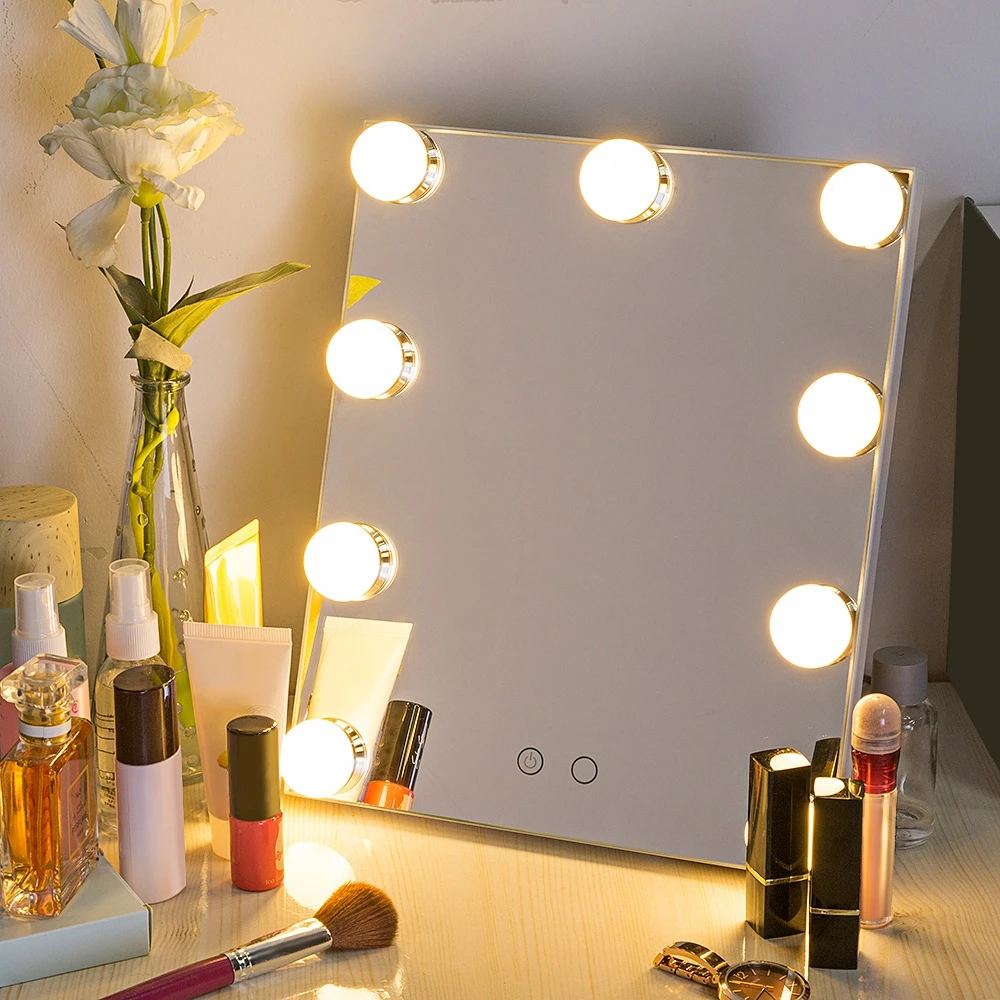 

Makeup Mirror Dimmable Tabletop Touch Control USB Power Cosmetic Mirror 7LEDs Frosted Bulbs Adjustable Illuminated Square Mirror