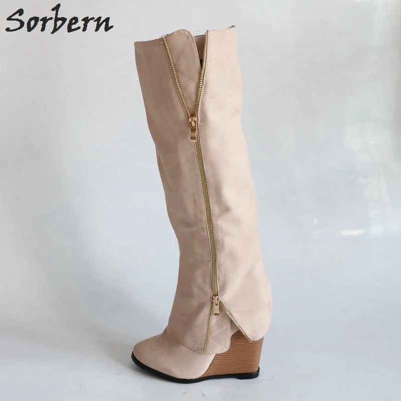 Rond Haute Genou custom Sorbern Talons Color À Couleur Designer Chaussures Chaussons Personnalisée Bout Wedge Femmes Hauts Khaki Hiver Bottes An11zp