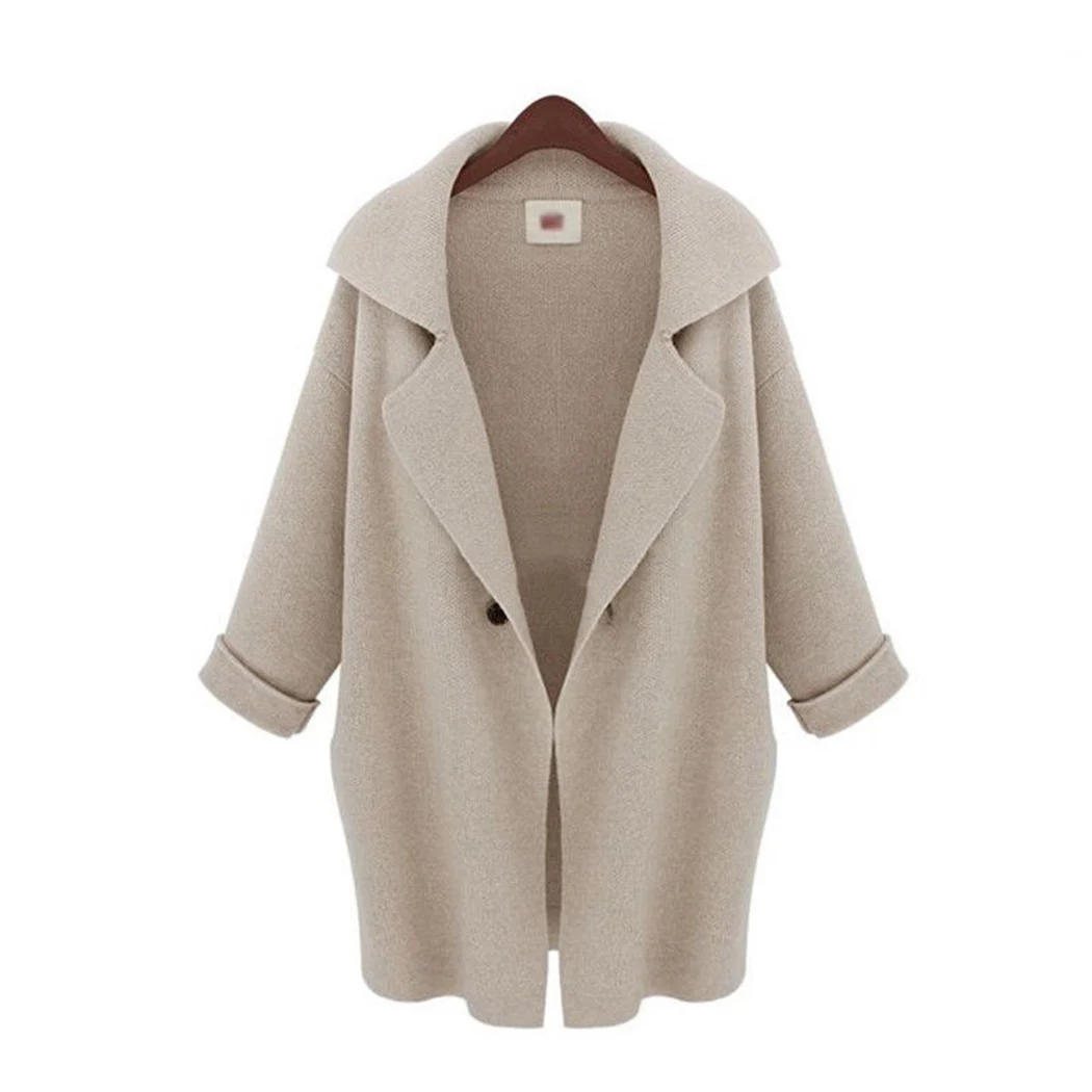 Elegant Women Knitted Cardigan Coat Autumn Lapel Long