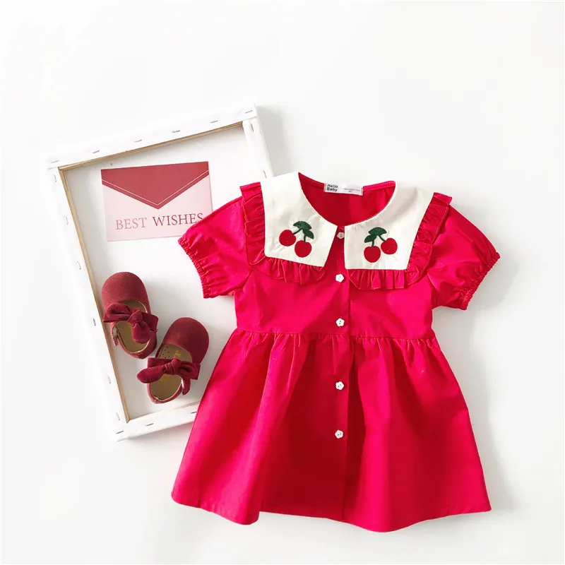 

EnkeliBB Toddler Girls Lovely Cherry Print Dresses Baby Girls Summer Dress Short Sleeve Red Twirl Dress Kid Girl Dresses Cherry