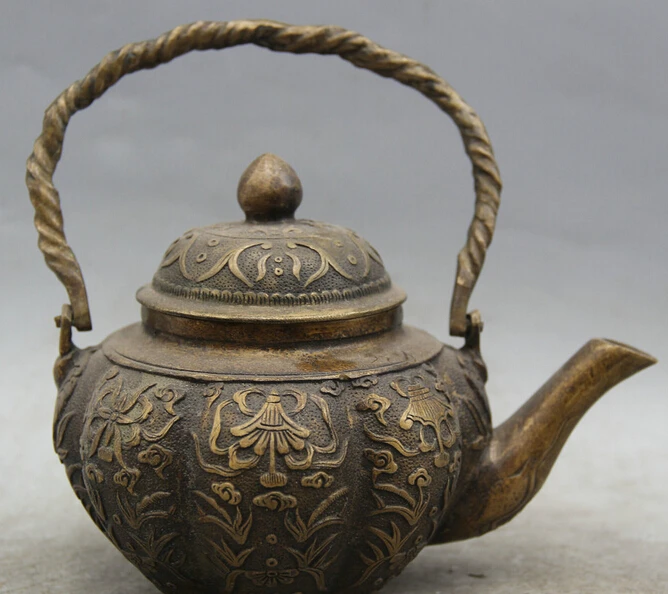 

6" Marked Tibet Tibetan Buddhism Copper 8 Auspicious Symbol Wine Tea Pot Flagon R0711