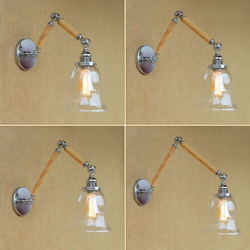Loft Industiral Retro Wall Lamp Glass Flower Cover Iron Wall light Hotel Bar Indoor Two Wooden Wall Mounted Swing Arm lights XJJ 