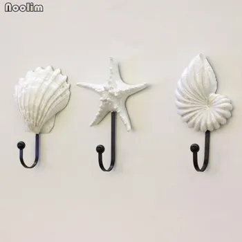

NOOLIM 3Pcs European Mediterranean Shell Starfish Conch Coat Hook Bedroom Living Room Decorative Wall Hanging Cloth Bag Holder