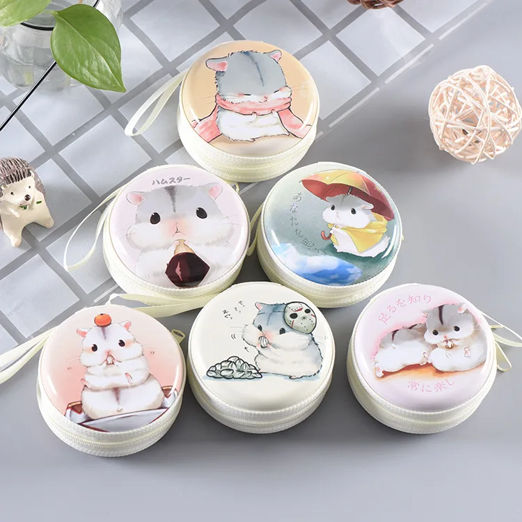 

12pc/lot Japanese hamster round tin iron box / mini pouch / key purse / metal case/pencil case/coin storage bag/headset gift