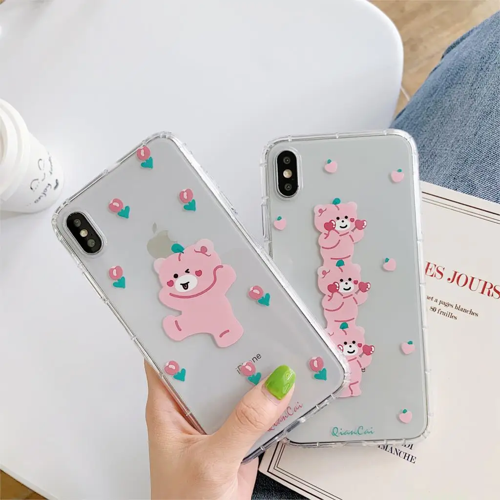 

INS Korea cute cartoon funny pink bear mobile phone case for iphone Xs MAX XR X 6 6s 7 8 plus couple soft TPU back cover