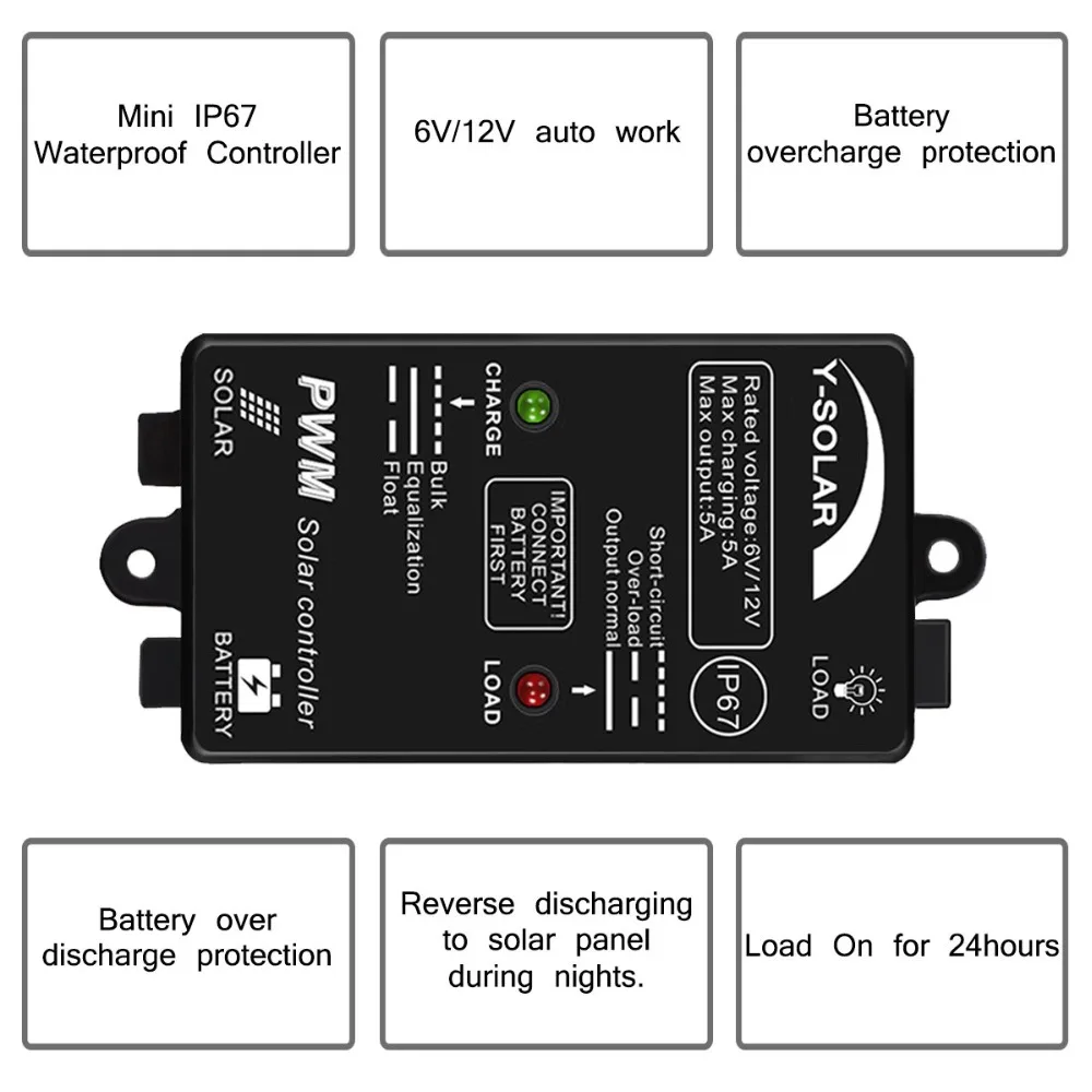 5A 12V Солнечный Водонепроницаемый Контроллер заряда IP67 для Маленькая солнечная домашняя Применение мини Размеры за максимальной точкой мощности, Солнечный контроллер заряда нагрузки работаем 24 часа