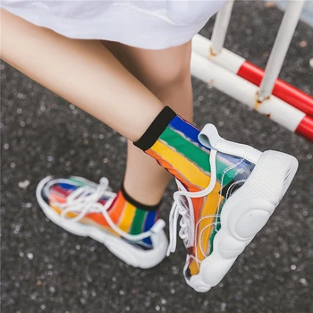 

SP&CITY Women Rainbow Striped Patterned Short Socks Street Style Hip Pop Hipster Ankle Casual Breathable Cool Female Socks