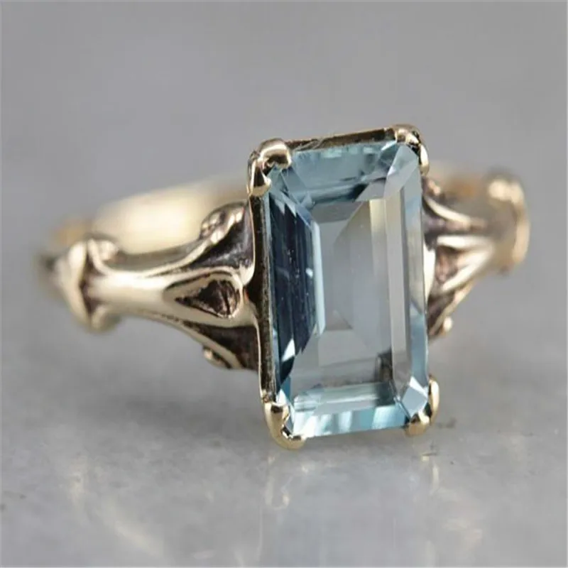 Милый женский светильник, Голубой квадрат, обручальное кольцо, модное Золотое кольцо с кристаллами, цирконием, камень, винтажное обручальное кольцо для женщин