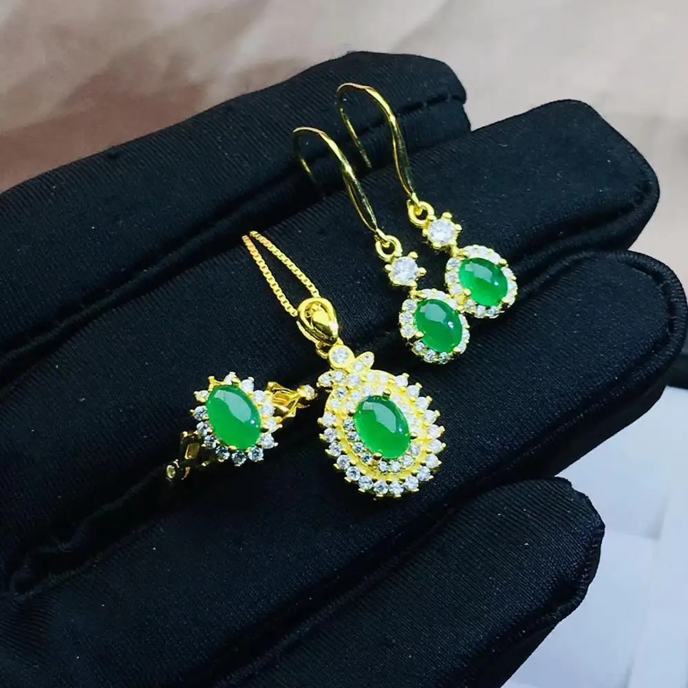 

green emerald gemstone ring hook earring and necklace jewelry set for women real 925 silver surface gold plated lucky birthstone