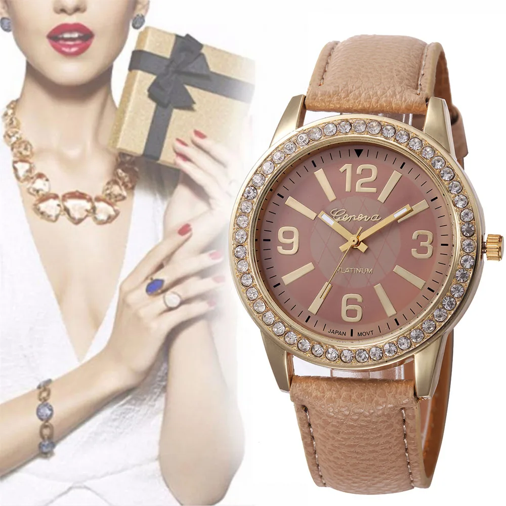 

Ladies Fashion Quartz Watch Women Rhinestone Leather Casual Dress Women's Watch Gold Crystal Clock reloje mujer montre femme