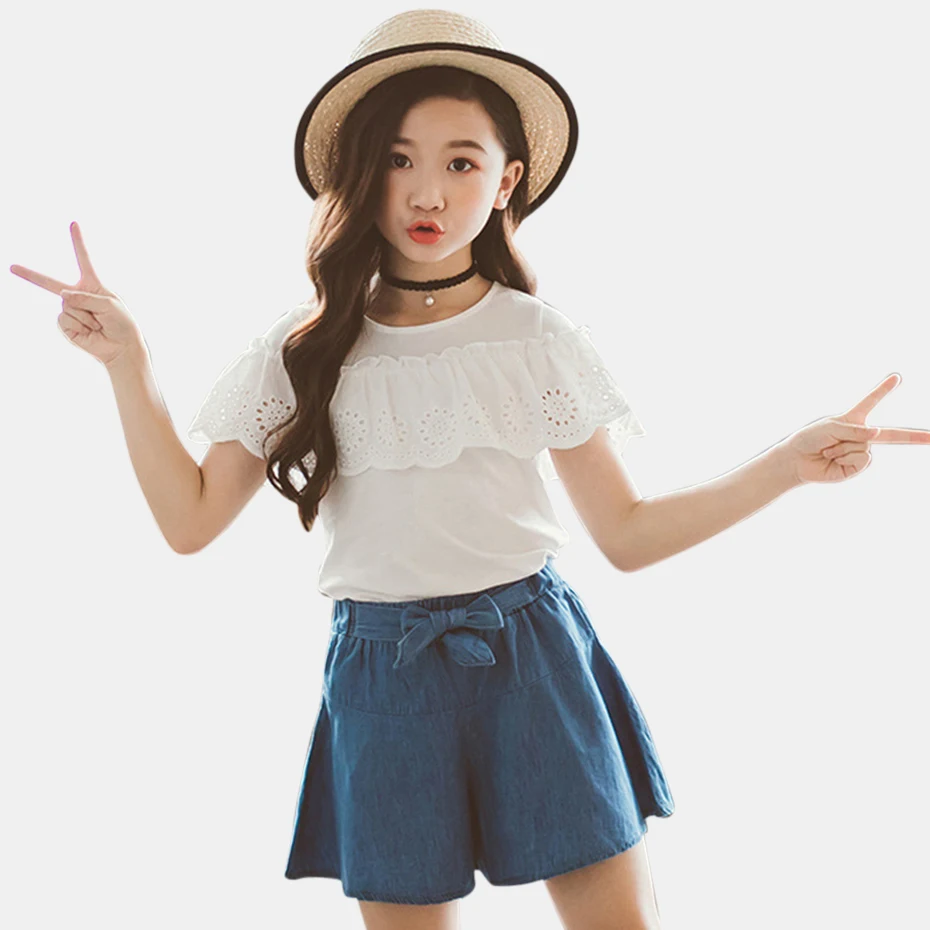 

Girls Set Clothes Spring Teen Children's Clothes White Lace Shirt+Denim Skirt 2 Pcs Summer Kids Clothes For Teen Girl 4 6 8 12 Y
